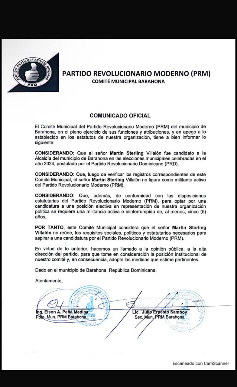 Comunicado oficial del Comité Municipal del PRM en Barahona